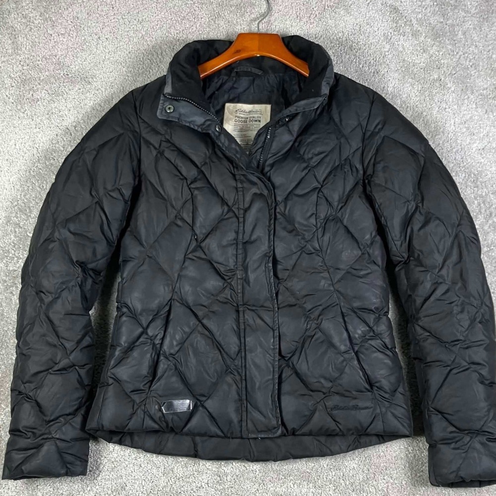 Eddie Bauer Puffer Jacket Womens S Black Goose Down Quilted Full Zip Pockets
